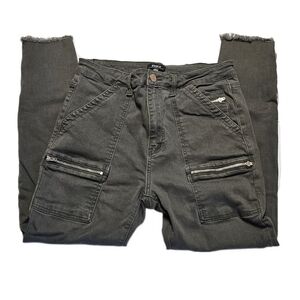 8th Of LA Trendy Women's Charcoal Cotton Blend Skinny Pants with Zipper Accents